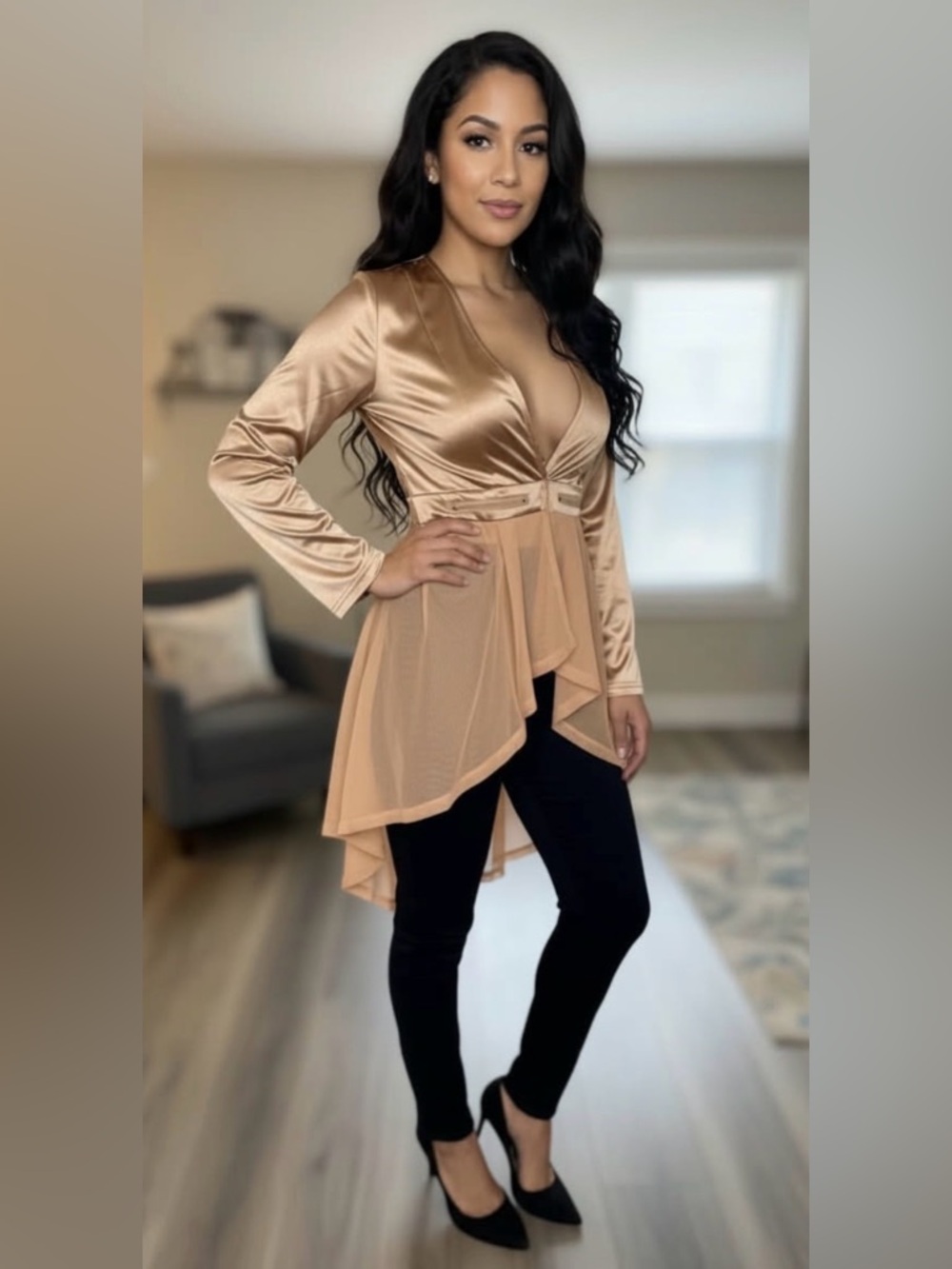 Champagne/Rose Gold Satin Peplum High Low Blouse/Blazer  NWT Size Medium